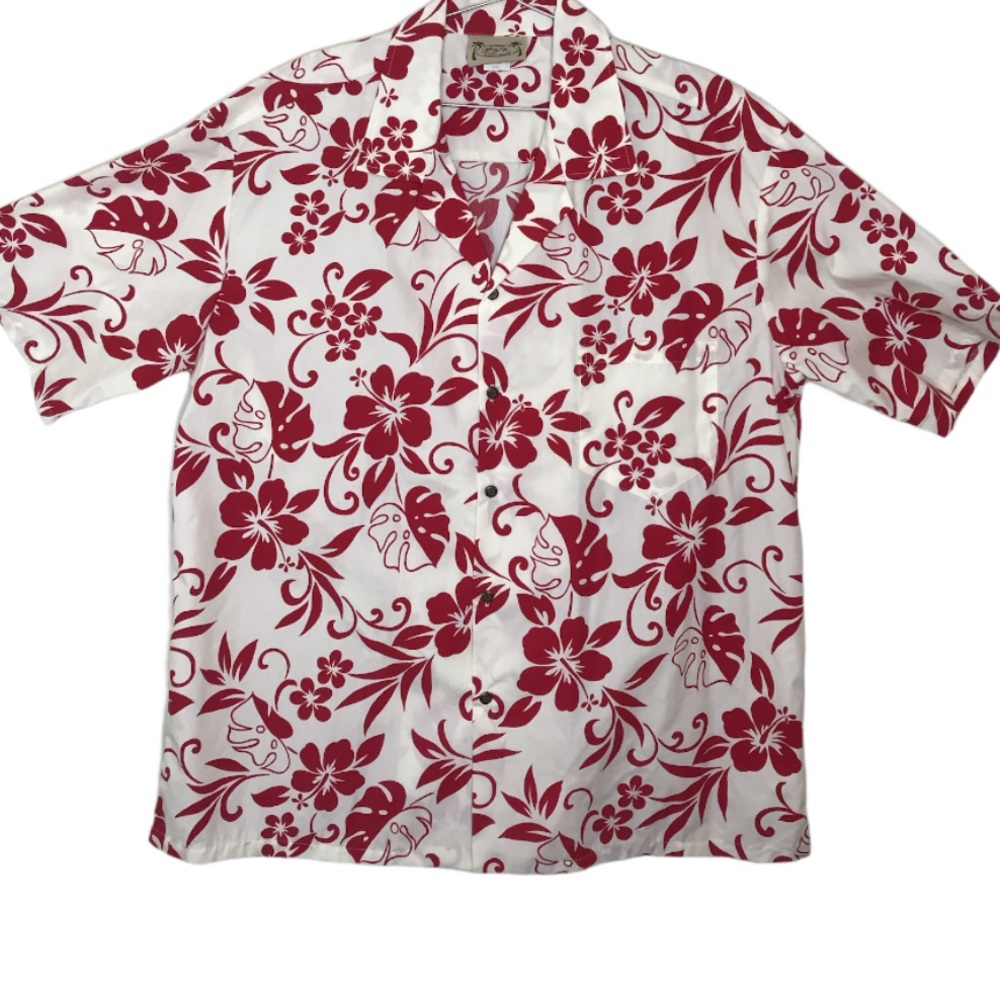 E&K Fashion Mens Cream Button Down Hawaiian Print Short Sleeve Shirt Vintage XL